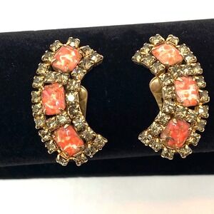 Vintage Salmon Coral Art Glass Smoky Rhinestone Crescent Clip Earrings goldtone